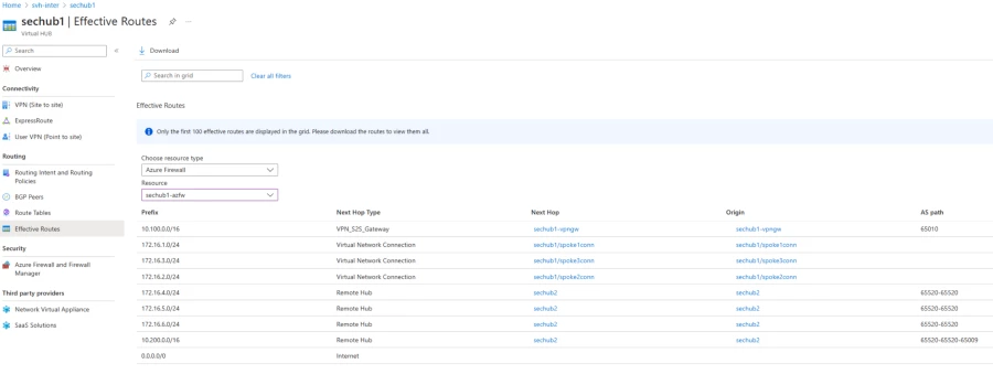 The image is a screenshot of the output when you view the effective routes on Azure Firewall. The screenshot shows a list of routes that