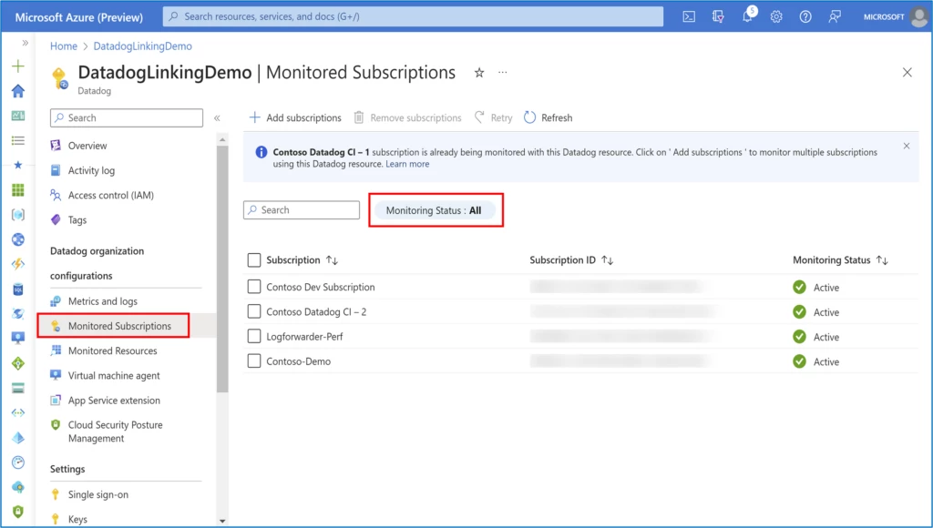 Screenshot depicting the list of subscriptions monitored by the Datadog resource and the monitoring status of each. The status for subscriptions being successfully monitored is shown as "Active".