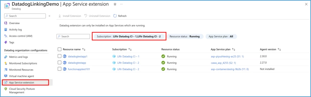 Screenshot depicting the management of the Datadog agent in App Services. Also shown is the new filter to view App Services present in specific subscriptions.