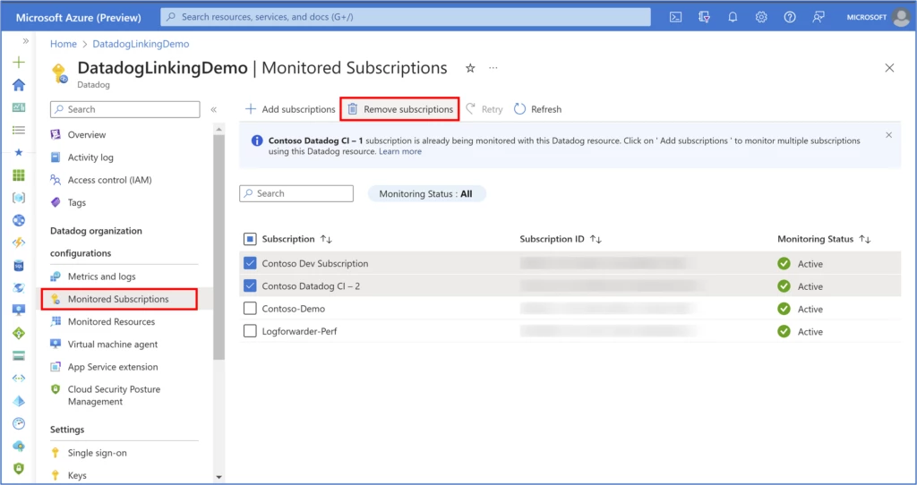 Screenshot depicting the Remove Subscriptions functionality in the Monitored Subscription blade.