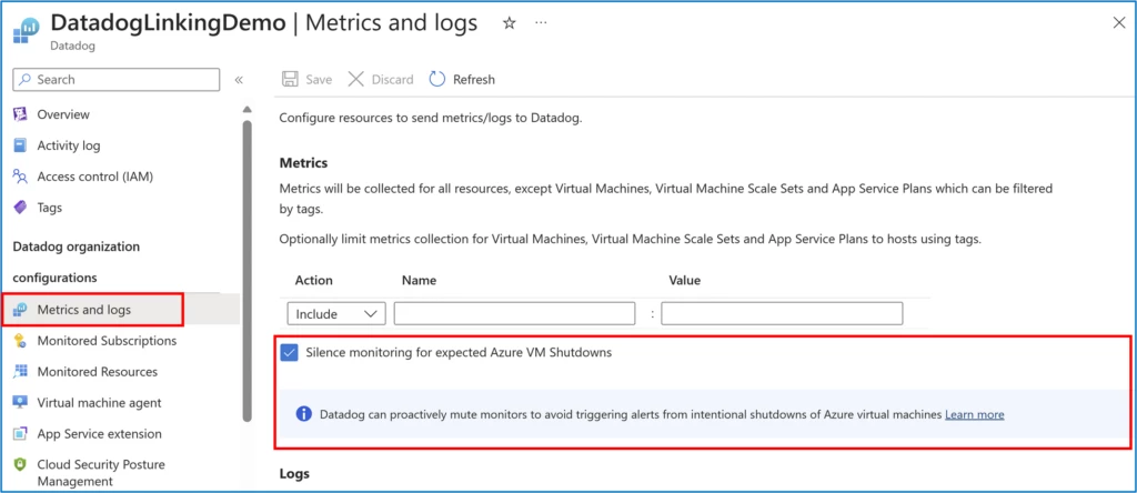 Screenshot depicting the mute monitor setting in the Metrics and Logs blade for expected Virtual Machine shutdowns.