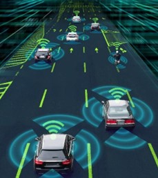 Illustration of multiple cars on freeway with radar sensors.