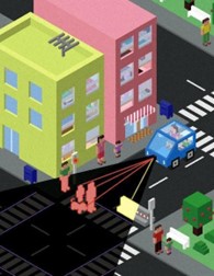 Illustration of car at intersection sensing pedestrians in crosswalk.