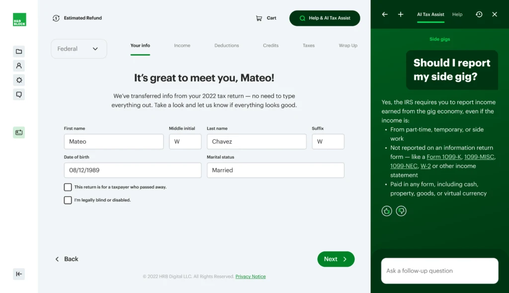 A screen shot of an H&R Block customer’s experience using AI Tax Assist