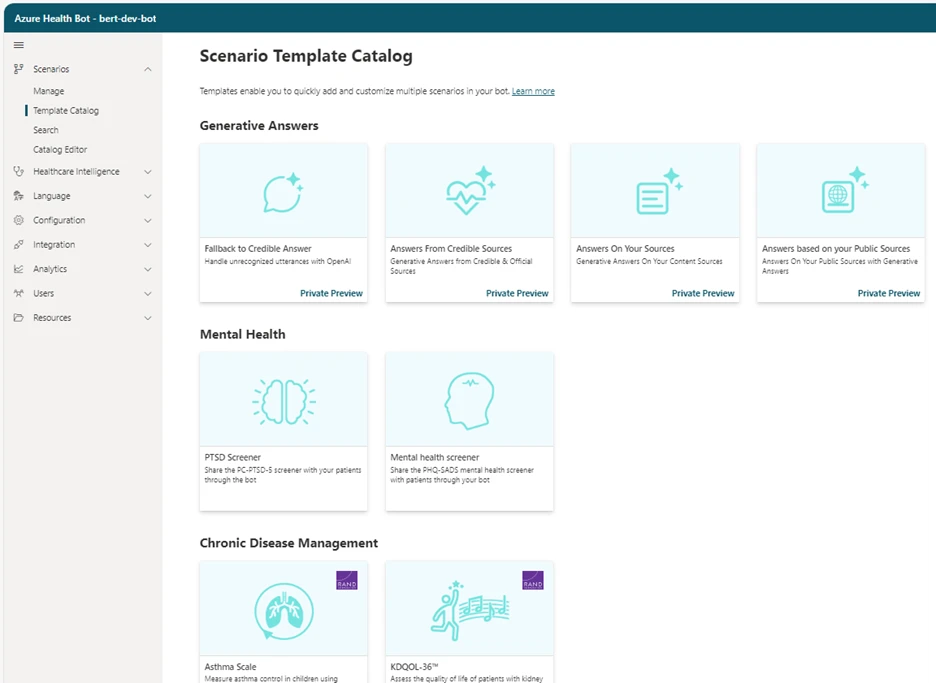 Scenario template catalog that contains templates to help organizations easily add and customize different scenarios in their bot.