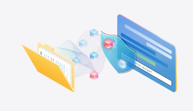 A colorful illustration of red and blue cubes floating from a yellow folder of files towards a blue rectangular screen. The red cubes are blocked by a blue shield.