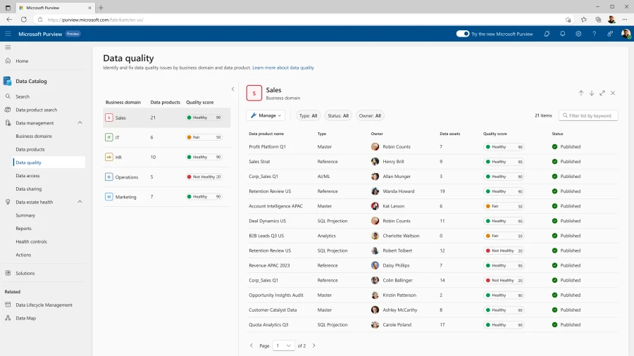 New data quality experience within the data management area of Microsoft Purview Data Catalog