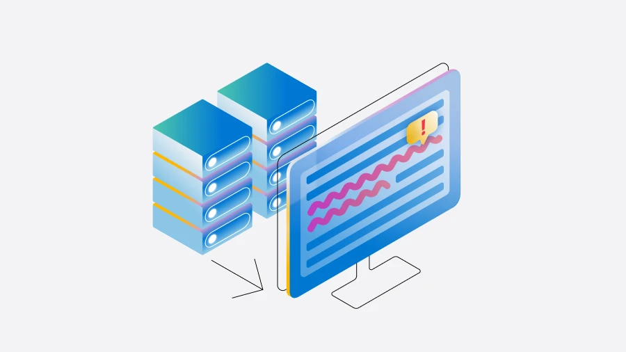 A colorful illustration of a blue computer screen filled with lines of blue text and one squiggly line of red text, with a yellow alert symbol above it. Behind the computer screen are two blue databases with an arrow pointing to the computer screen.