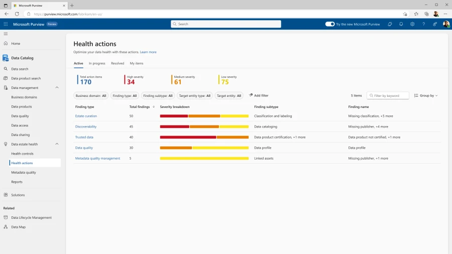 New data governance report within the data estate health area of Microsoft Purview Data Catalog