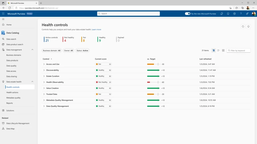 New data health controls experience within the data estate health area of Microsoft Purview Data Catalog