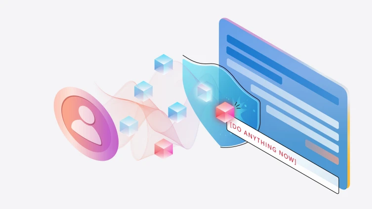 A colorful illustration depicting a user sending a red prompt that says “do anything now” towards a blue computer screen. The prompt is blocked by a blue shield.