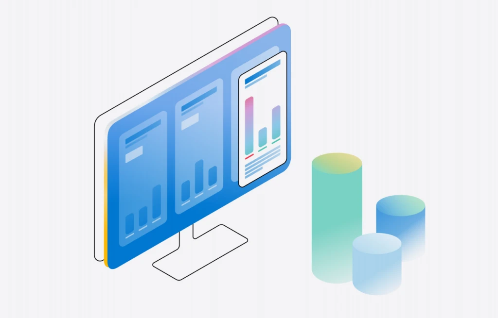 A colorful illustration of a blue screen with three bar charts, each with text descriptions beneath them. One bar chart is highlighted and shows two short bars in a blue color and one tall bar in a red color.