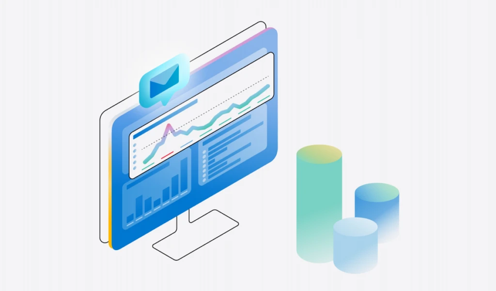 A colorful illustration of a blue computer screen with different kinds of charts in a dashboard. A blue line graph is highlighted, with a peak on the y-axis in red.