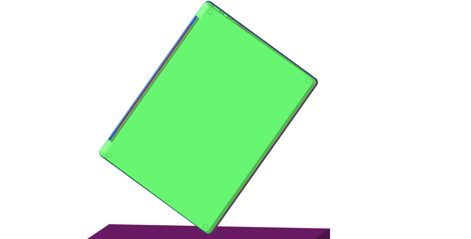 An in motion graphic showing a lap being dropped and hitting the floor with the corner of the laptop as the collision point.