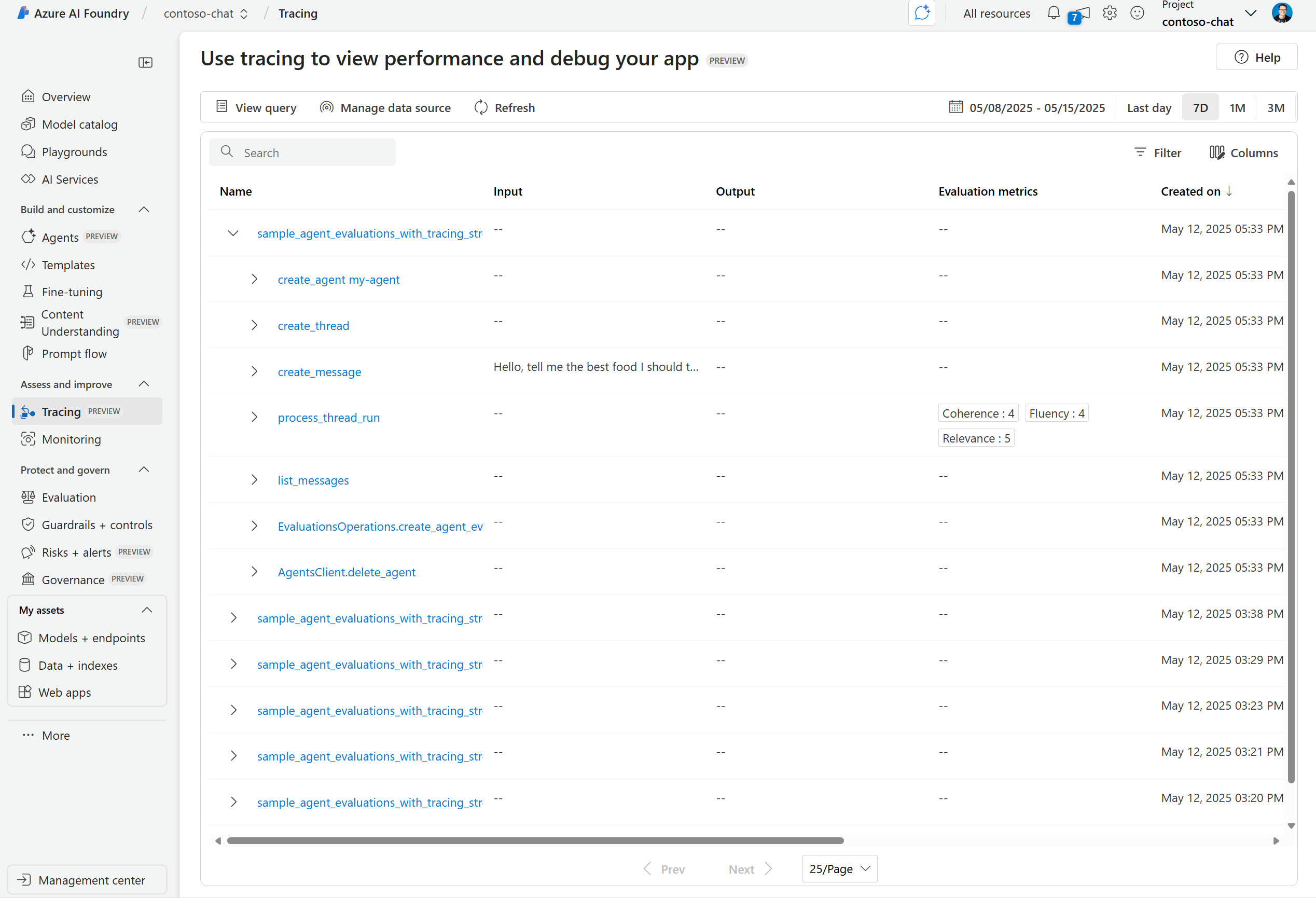 Screenshot of Azure AI Foundry tracing dashboard, showing a list of agent evaluation results with input, output, evaluation metrics, and timestamps for monitoring and debugging AI agent performance.