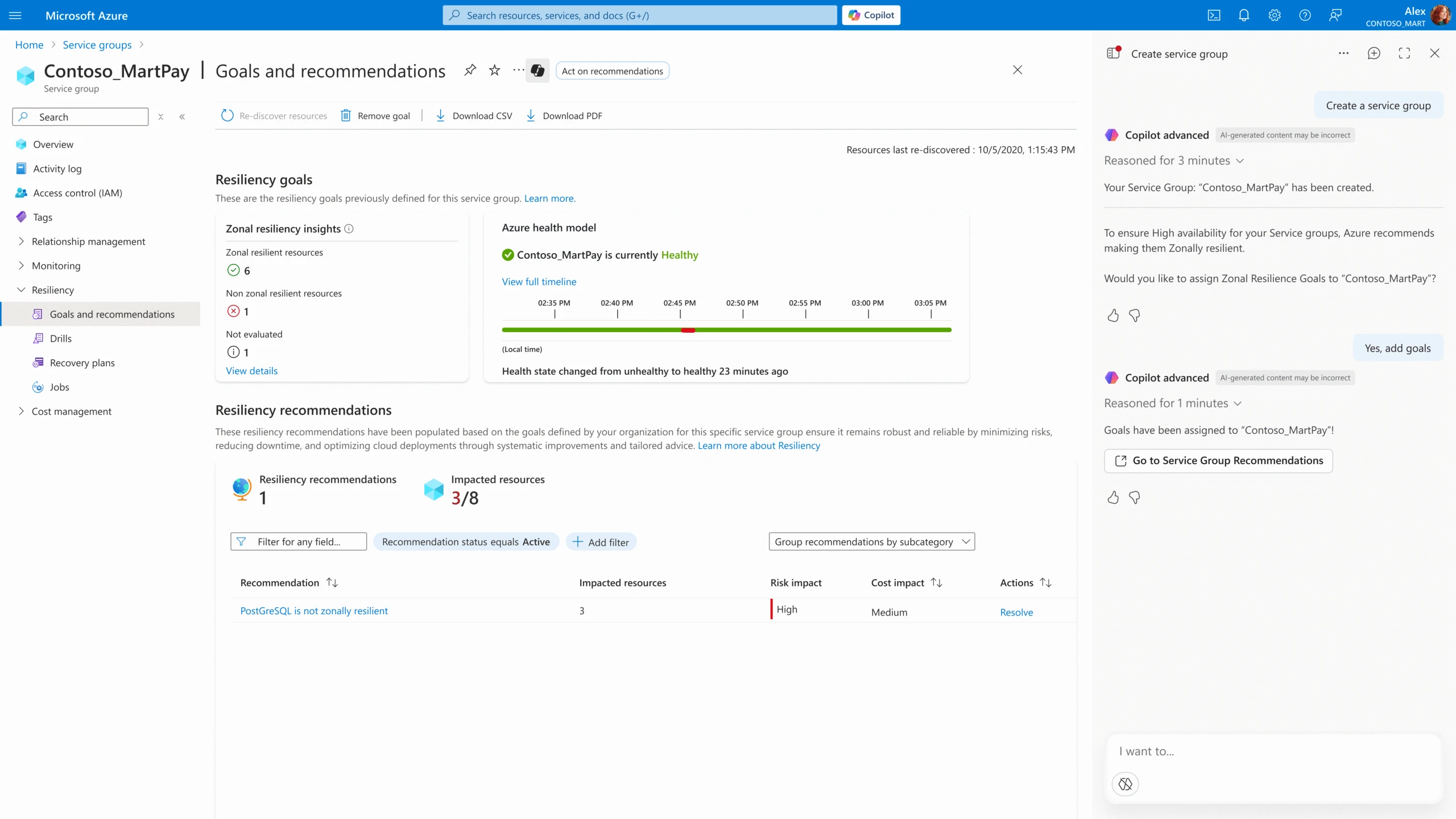 Screenshot of the Resiliency dashboard.
