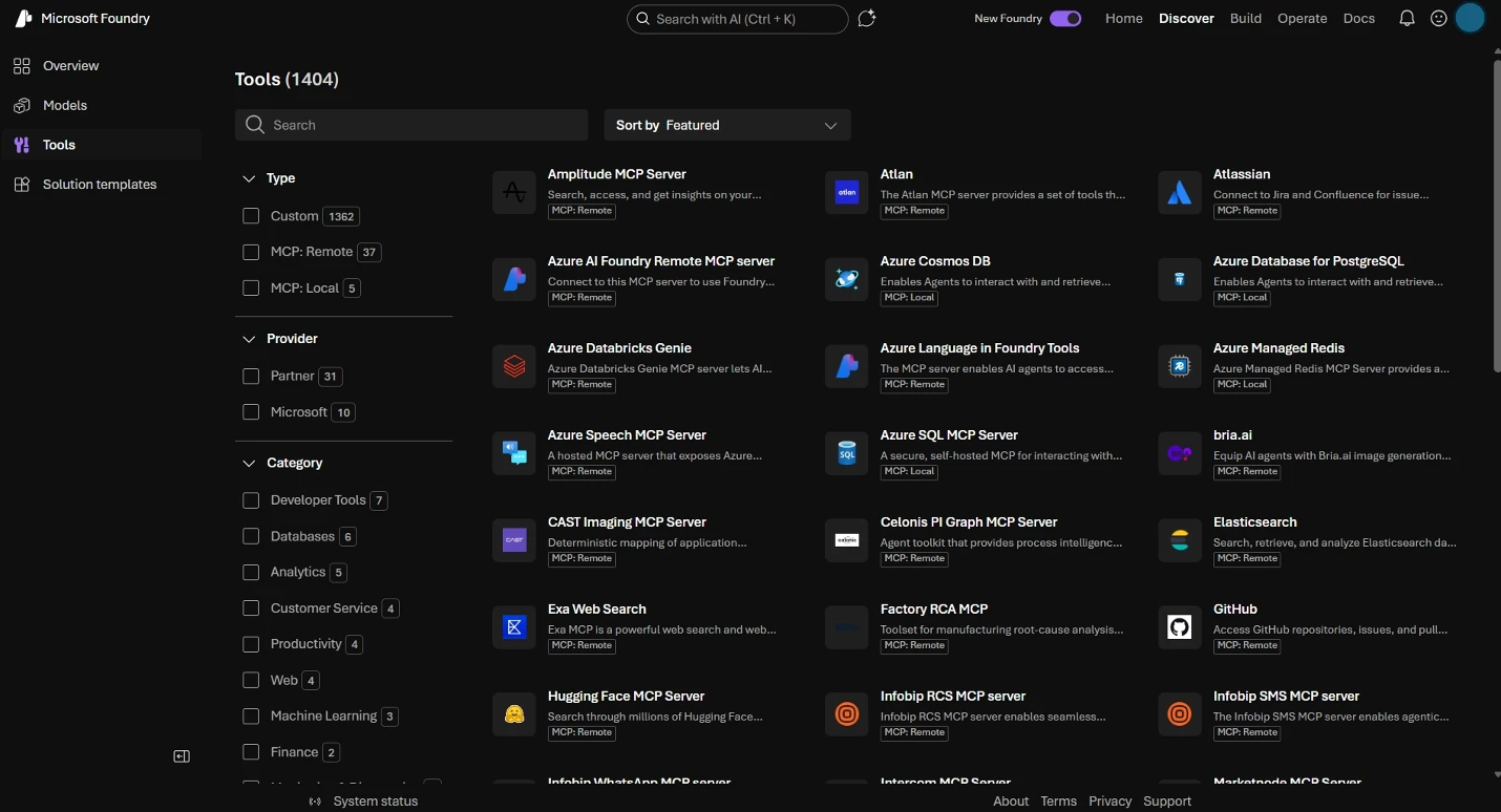 Screenshot of the Microsoft Foundry Tools catalog interface, displaying a searchable list of MCP tools for agents. The interface includes categories for AI, analytics, databases, and connectors, with tool icons and descriptions visible.