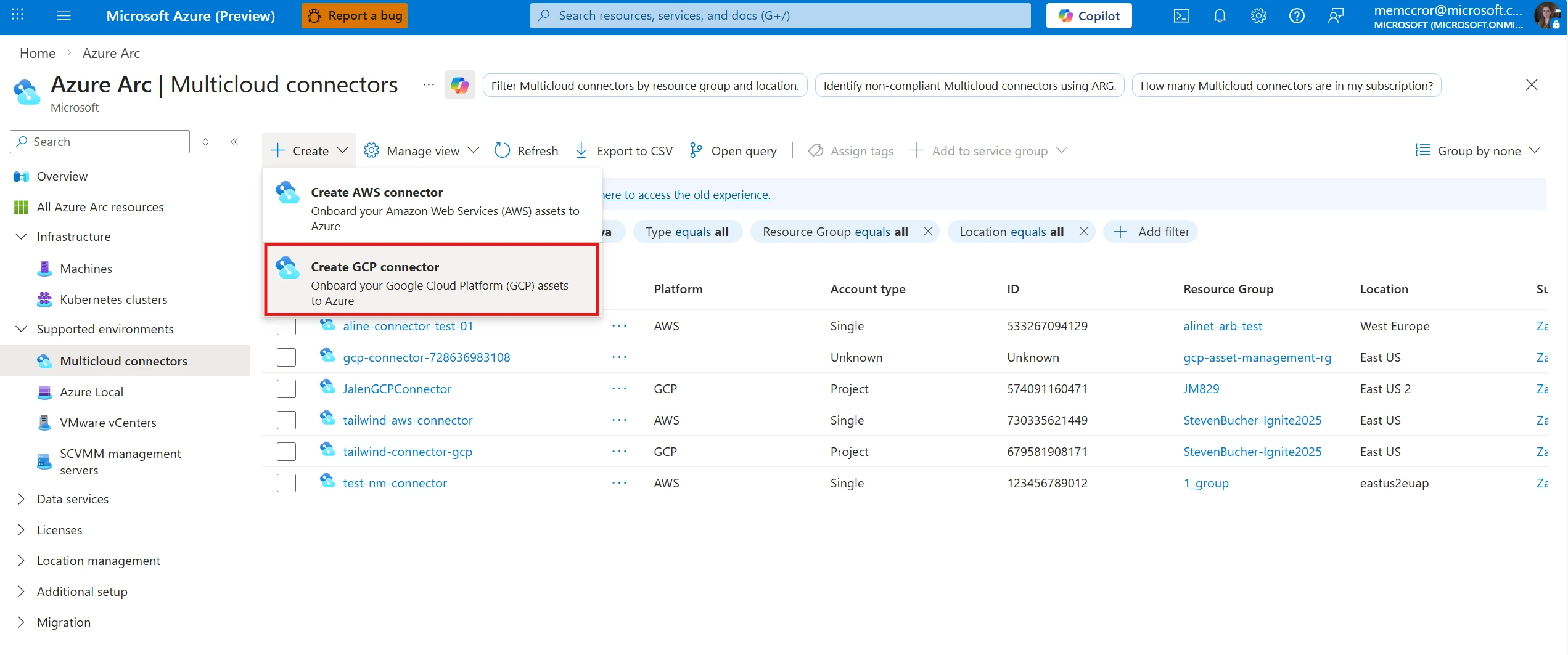 Option to create G C P connector in Azure Arc U I.